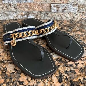 Tory Burch Mini Benton Gold Chain Band Sandal Poblano Green Blue Yonder